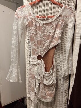 Fashion Nova White Lace Mini Dress with Nude Lining and Tie Cutout